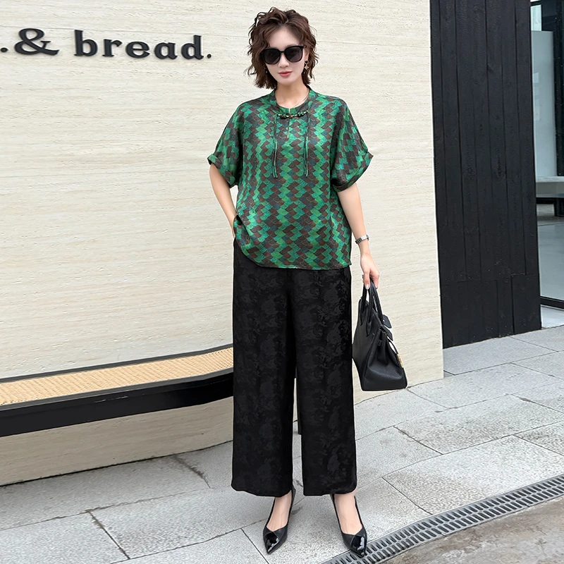 原创大码上衣休闲大码宽松遮肚衬衫女高档百搭阔腿裤气质两件套女