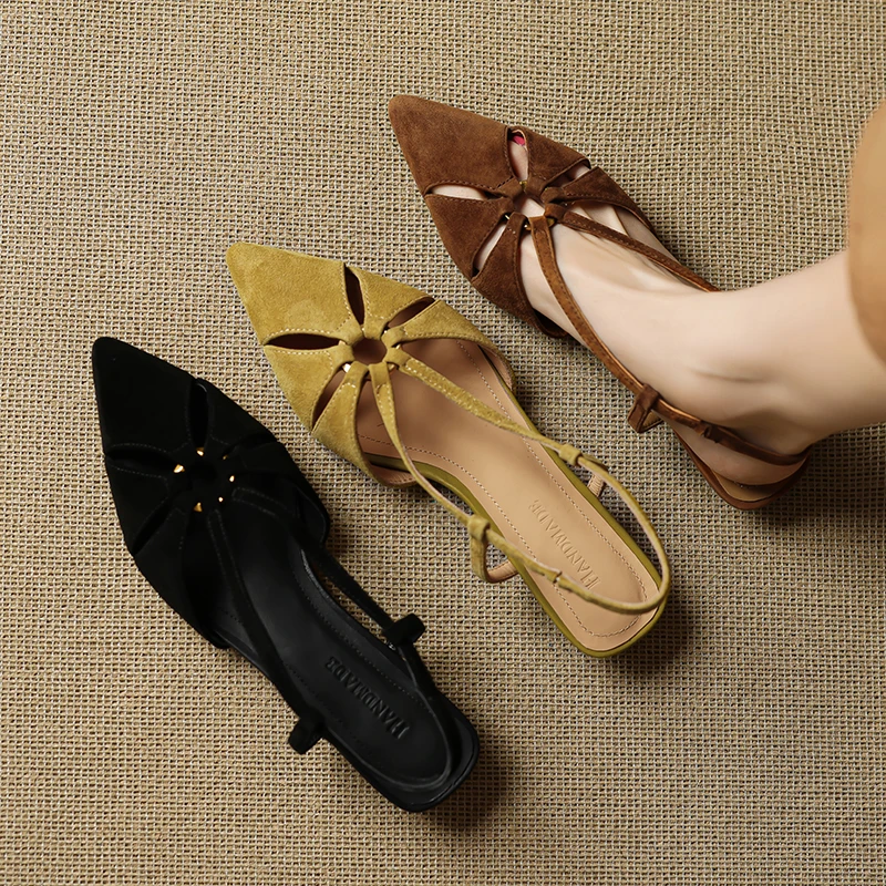 2cm复古风镂空平底凉鞋真皮法式中空尖头后空四季鞋配裙子卡其色