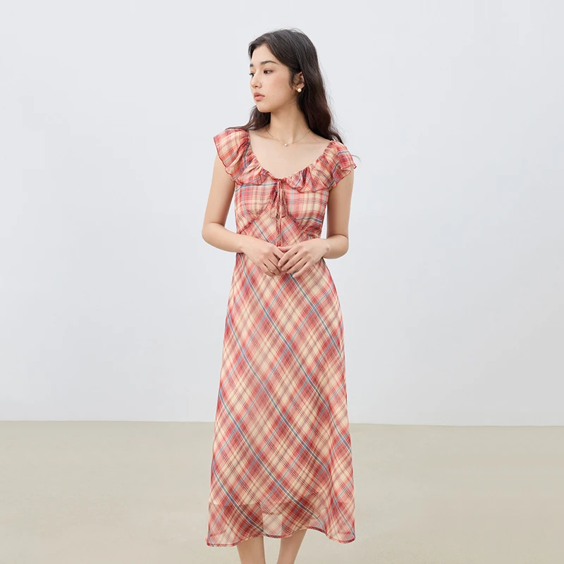 自巧小个子女装红色雪纺格纹连衣裙掐腰裙度假风长裙子 25ZQ92044