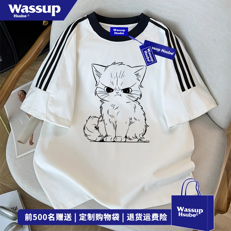 WASSUP HSUBE美式百搭街头风猫咪印花三条杠T恤上衣男女纯棉短袖