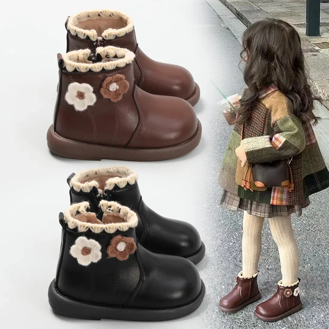 ABC女童短靴公主2025冬季新款洋气防水保暖皮靴女宝宝加绒小童鞋