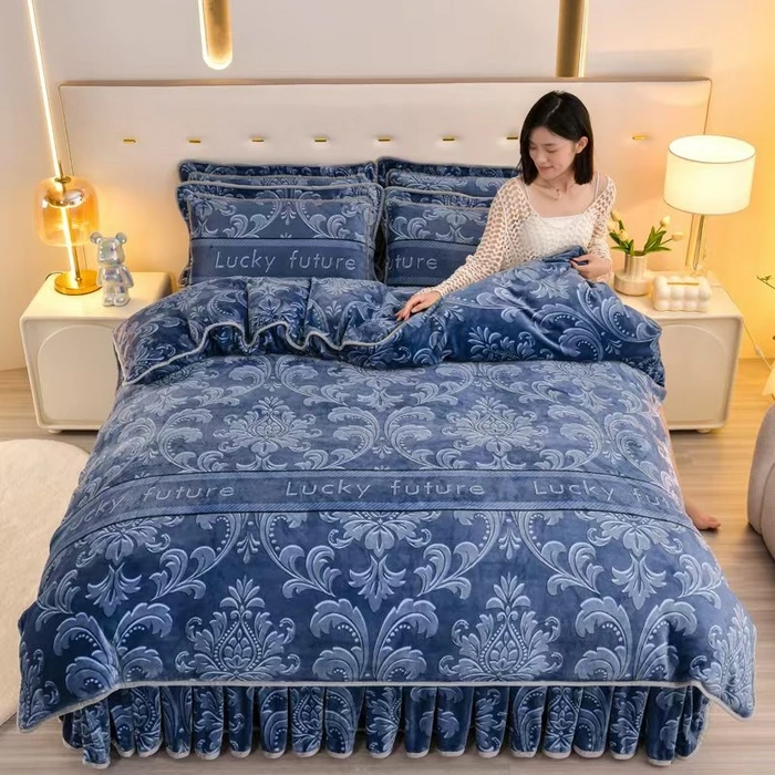 2024新款8-9斤牛奶绒金貂法莱绒蝴蝶结床裙款保暖绒四件套