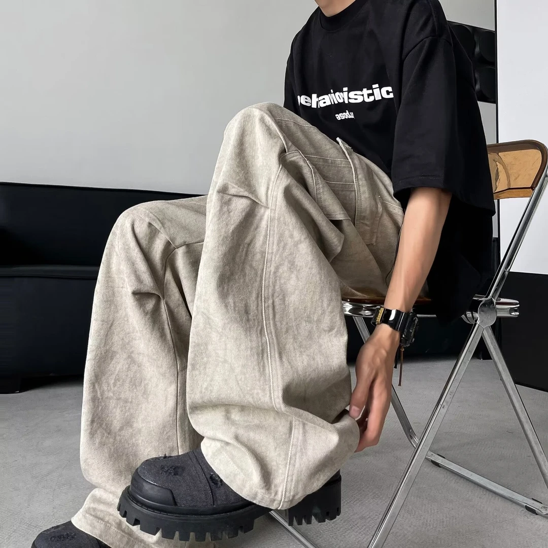 水洗做旧皱褶工装裤设计感小众美式复古潮牌户外大口袋直筒休闲裤