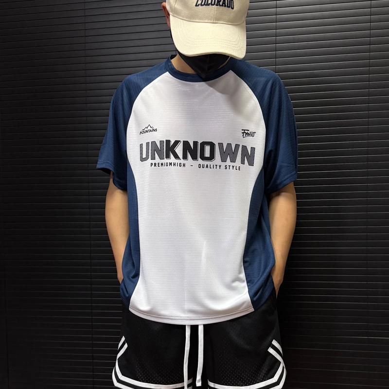 美式速干拼接男短袖运动插肩袖T恤户外训练服透气健身衣上衣运动