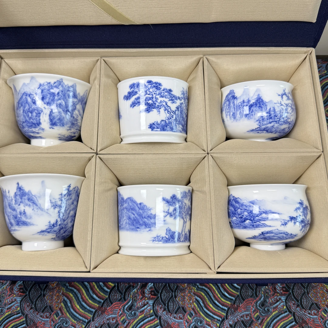 景德镇陶瓷高白泥手绘山水白瓷六杯套装伴手礼茶杯茶具家用高档