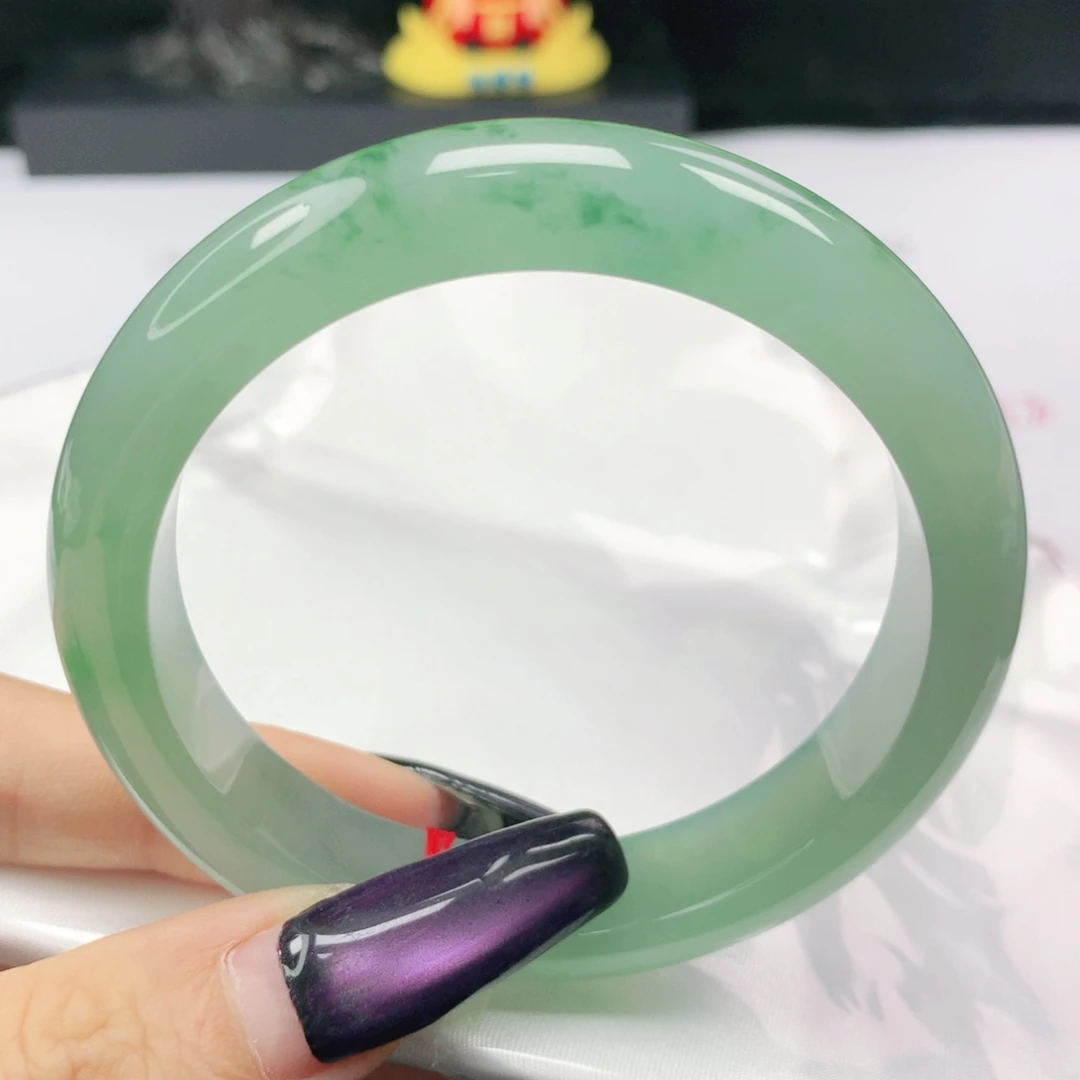 未镶嵌手镯翡翠翡翠57.2冰种透绿飘绿花正圈