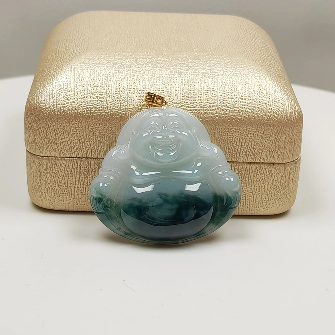 缅甸高端翡翠飘花大佛公毛衣链吊坠18K金扣头镶嵌弥勒佛挂件女士