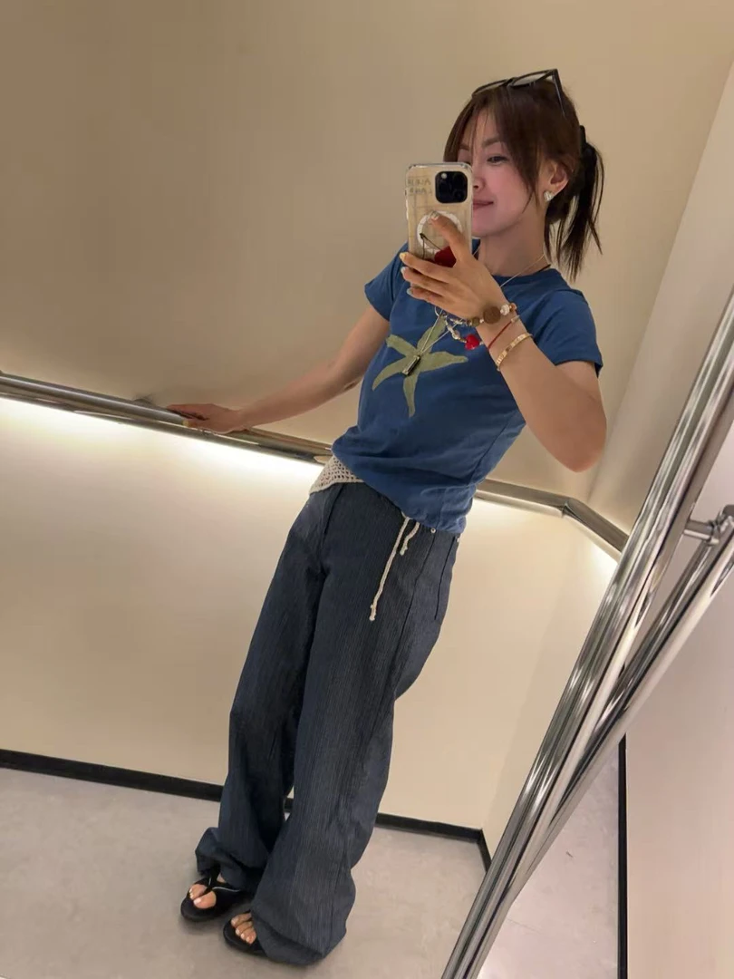 东大门AN百搭宽松竖条暗纹牛仔裤NO退270