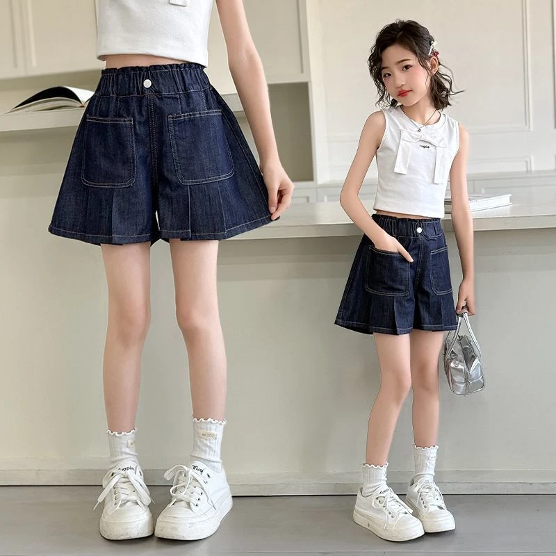 女童牛仔短裤夏装2025新款百褶裙裤中大童夏季薄款洋气百搭裤子潮