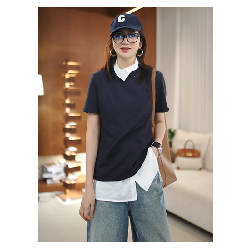 【春季穿搭】春夏简约百搭圆领短袖明线装饰纯色T恤女上衣D25025