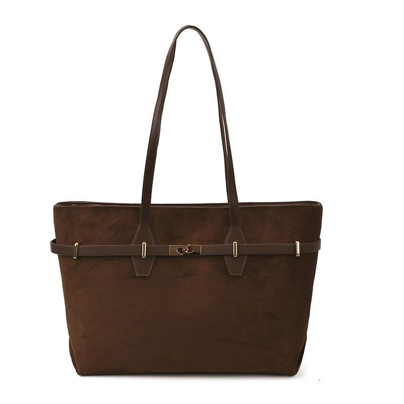 Scarlet Wong耐磨双根托特包磁扣中包单肩纯色棕色啡色单肩包特大