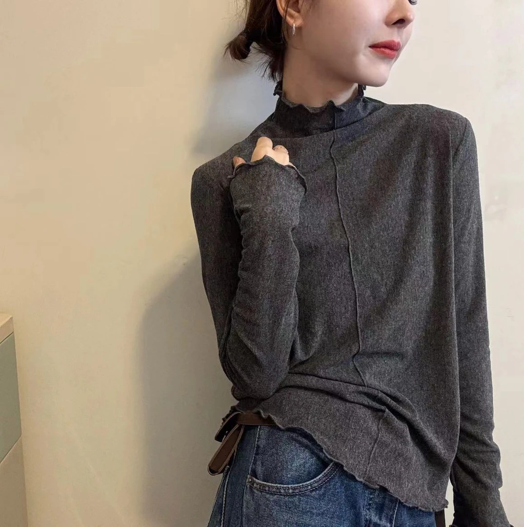 韩系漂亮小上衣秋季半高领2025新款打底衫木耳边长袖T恤内搭衣服