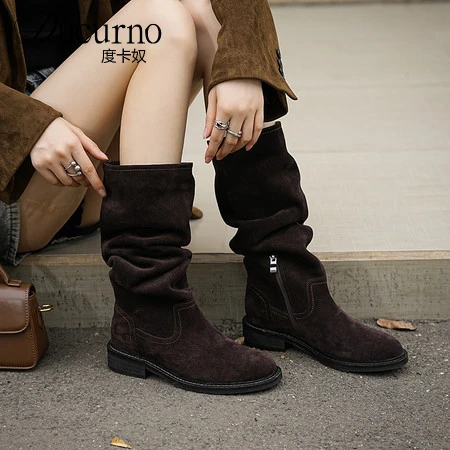 DUCURNO独孤磨砂皮褶皱堆堆靴女款圆头粗跟套筒长靴侧拉链瘦瘦靴