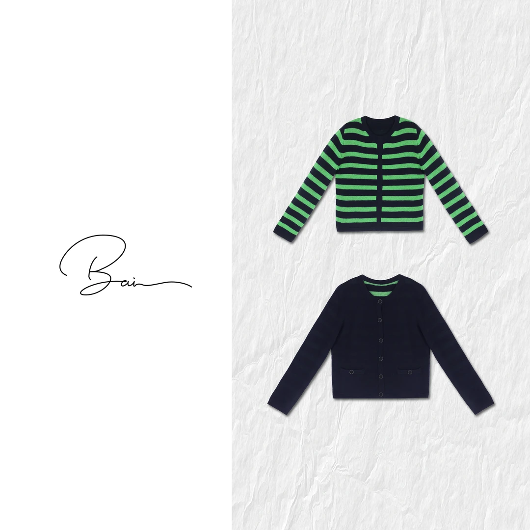 TXB “S+缪斯”100%山羊绒进口两面穿条纹撞色轻柔针织开衫XB-7796