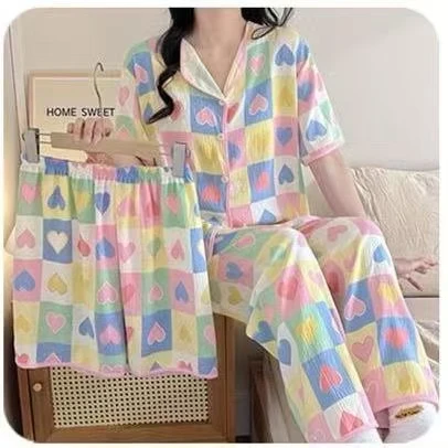 新款云朵棉爱心甜美短袖短裤长裤睡衣女夏季家居服