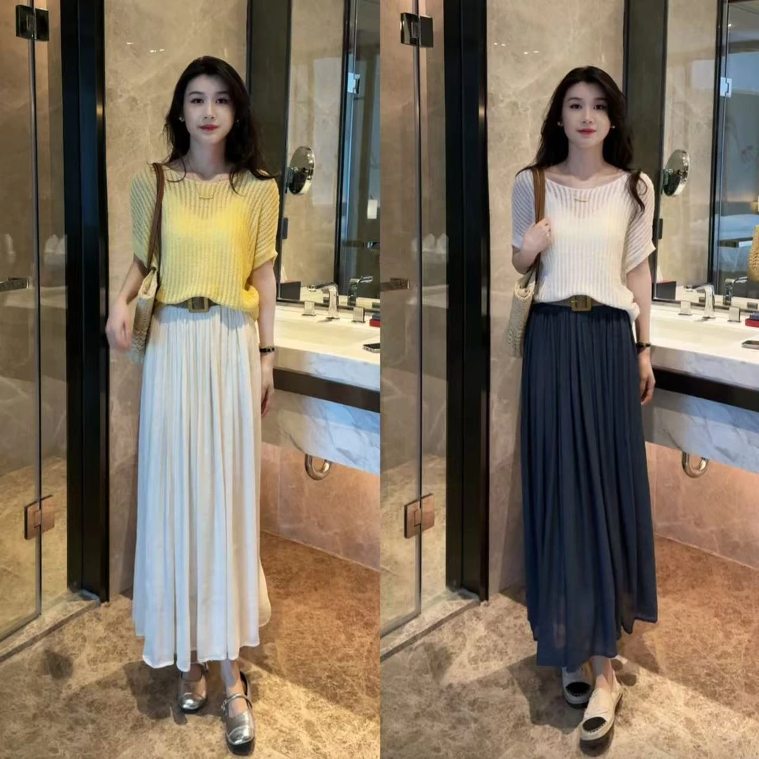 时尚百搭夏季时尚洋气蝙蝠袖针织衫+百褶半身裙两件套显瘦套装女
