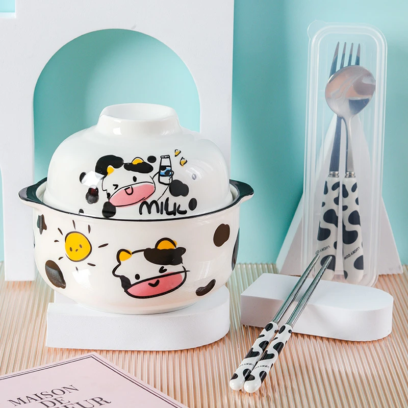 泡面碗陶瓷带盖饭盒学生宿舍家用餐具碗筷套装单个大号饭碗微波炉