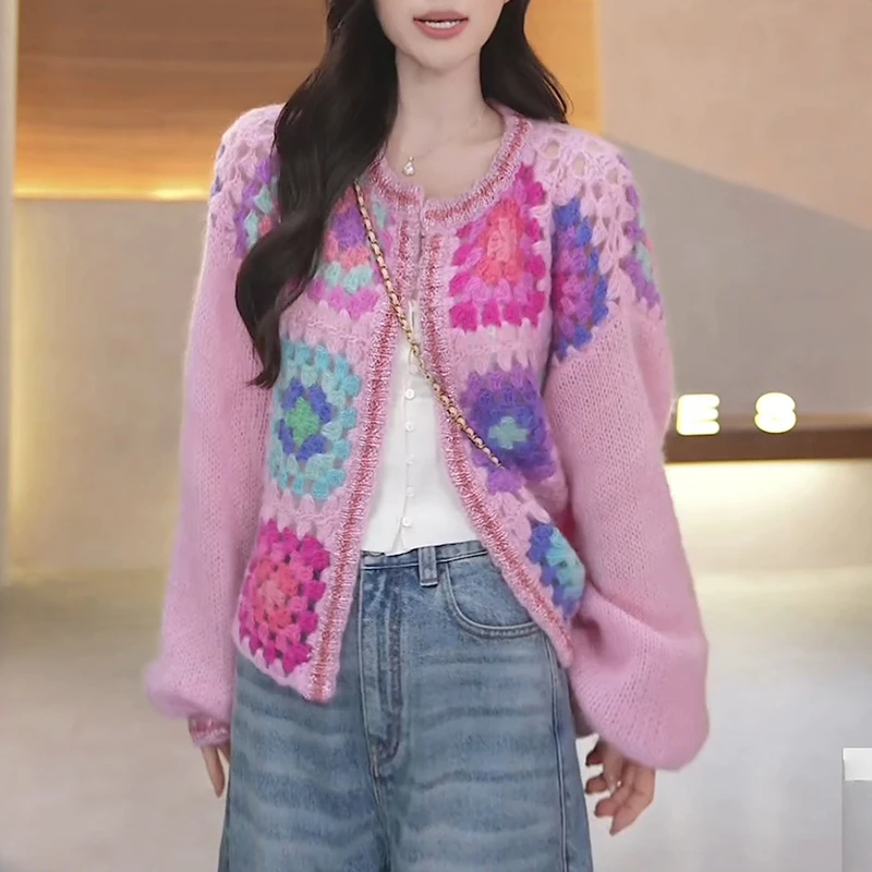多巴胺彩色镂空长袖针织毛衣女2026春秋新款减龄宽松显瘦开衫上衣