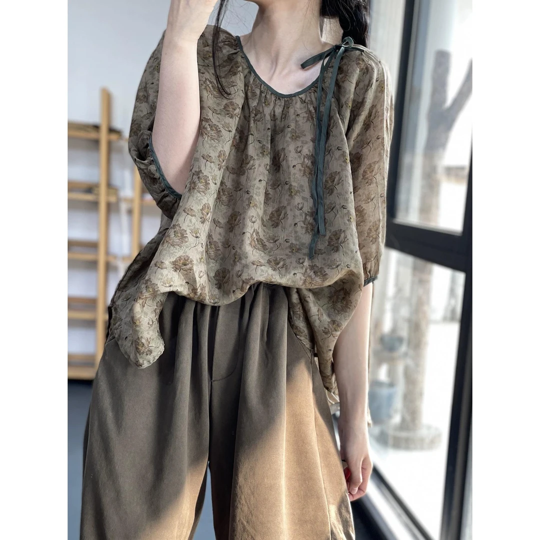 文艺复古做旧印花苎麻衬衫女夏季2025年新款宽松显瘦碎花休闲上衣