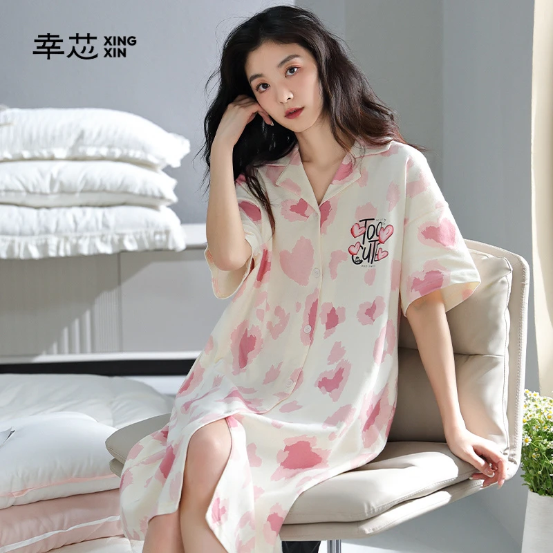 幸芯薄款纯棉中长款开衫睡衣睡裙女夏季大码夏天甜美可爱风家居服