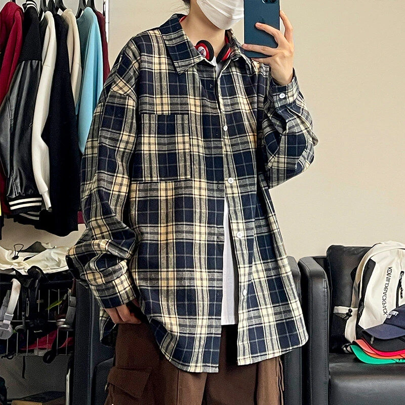 宽松版型青少年活力防晒长袖衬衫青春百搭格子休闲春夏