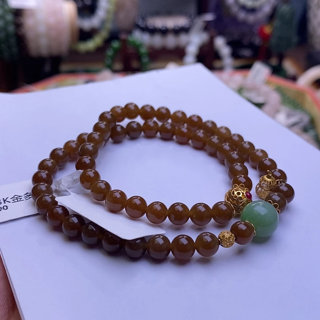 颈饰未镶嵌和田玉精品且末糖双圈手串卡6