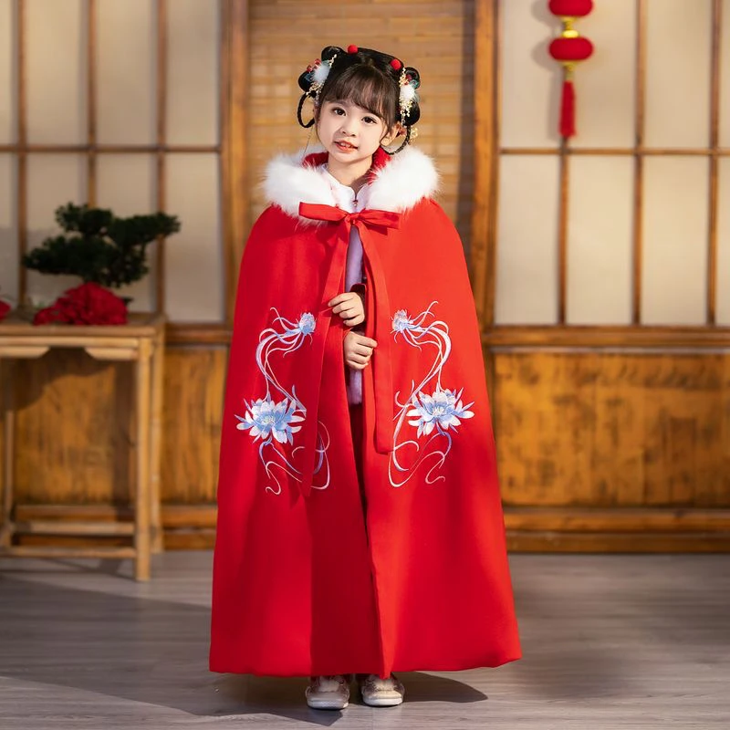 女童汉服冬季披风加绒儿童外出斗篷防风古装拜年加厚保暖中国古风