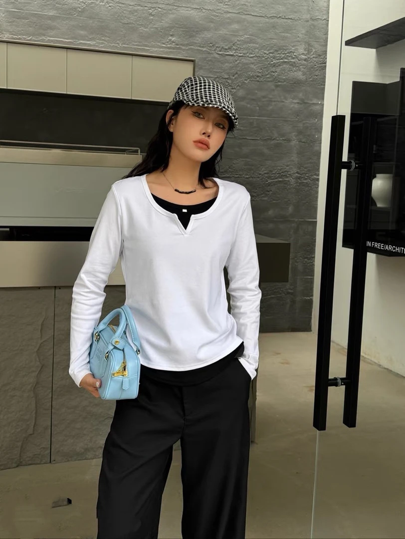 蜜娜贝尔 6201新款拼接下摆设计圆领T恤