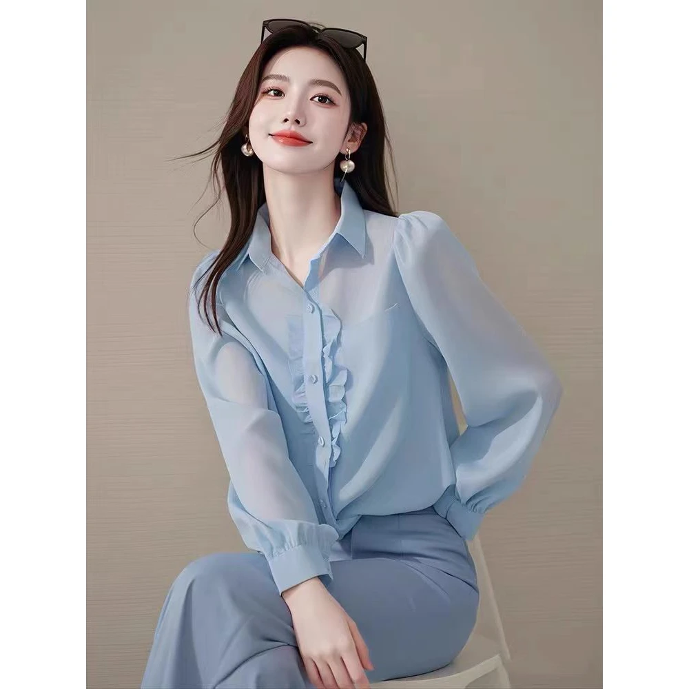 蓝色长袖衬衫秋装女款2025年新款气质小衫爆款法式高级感初秋