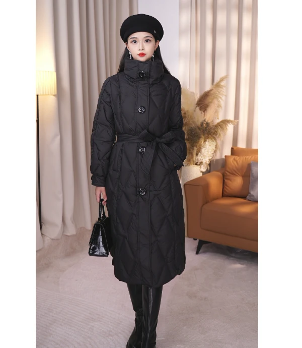 冬季新款90白鹅绒服时尚长款外套加厚收腰过膝中长款{HN9010)