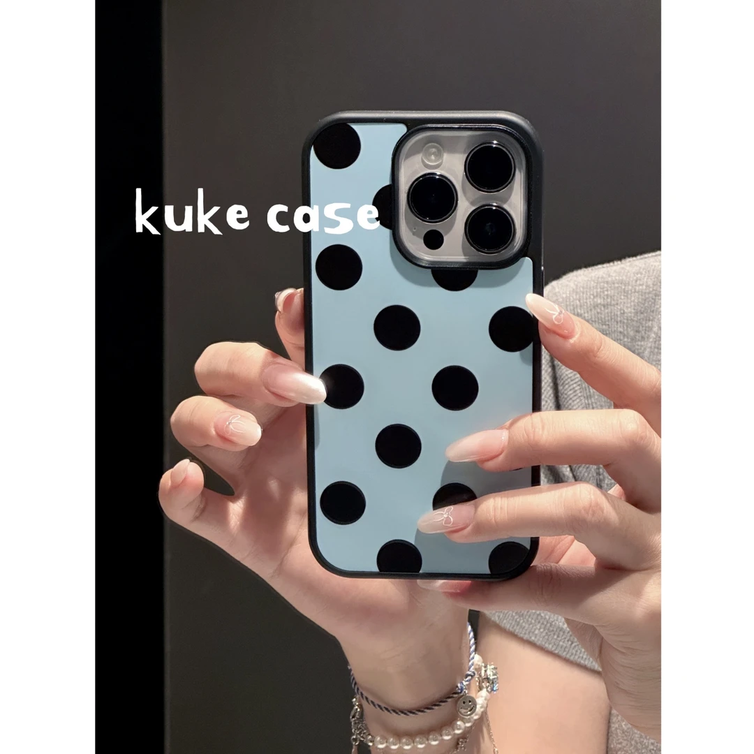 【适用苹果】ins韩系少女蓝色黑波点磨砂黑边框手机壳iPhone16Pro