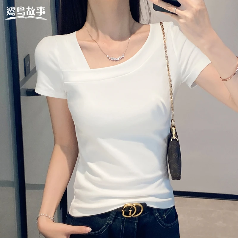 鹭岛故事斜肩V领不规则短袖t恤女春夏修身百搭设计感打底衫上衣潮