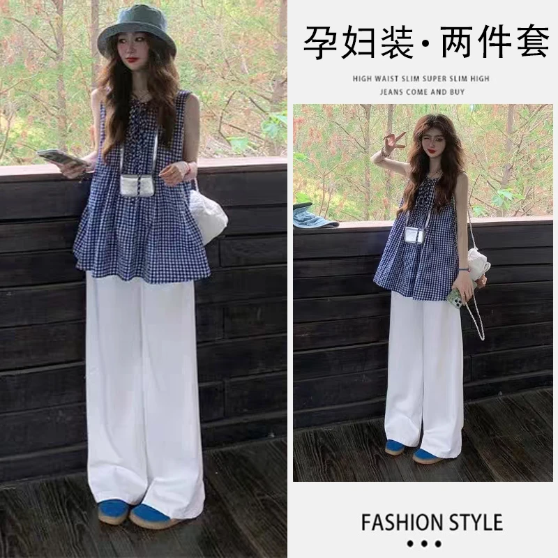 孕妇套装夏季韩系复古蓝白格子宽松系带无袖上衣白色托腹阔腿裤女