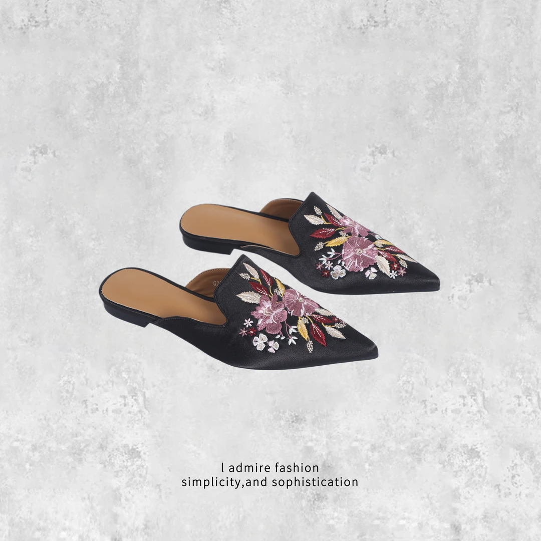 【温温】国风刺绣拖鞋春季舒适气质低跟单鞋女尖头 02131