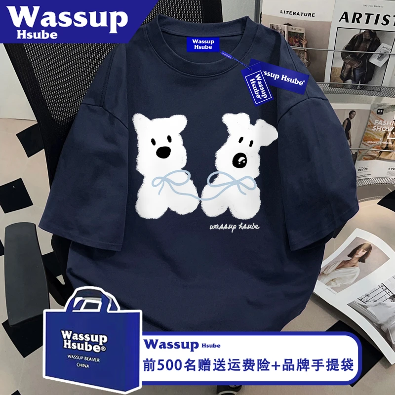 WASSUP HSUBE藏青色男女上衣夏季纯棉短袖ins西高地犬狗狗印花T恤