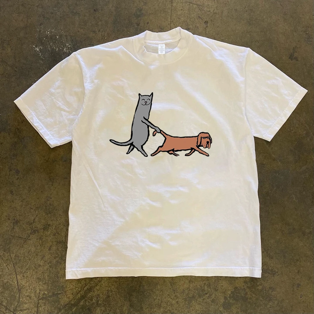 230g小领口！猫咪遛狗印花搞怪插画圆领短袖T恤趣味萌系男女同款