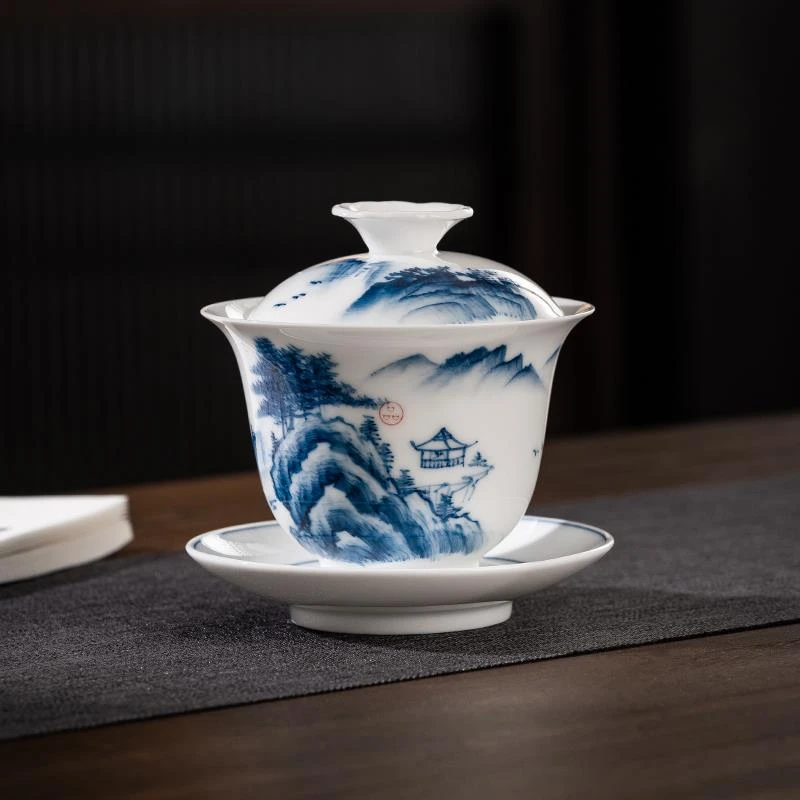 陶瓷手绘青花瓷三才盖碗冲茶介碗茶杯茶具瓷器大号功夫泡茶碗