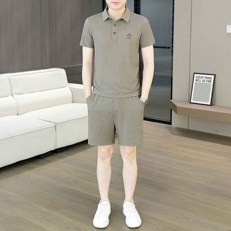 休闲运动套装男夏季薄款宽松男士短裤时尚速干两件套翻领短袖男