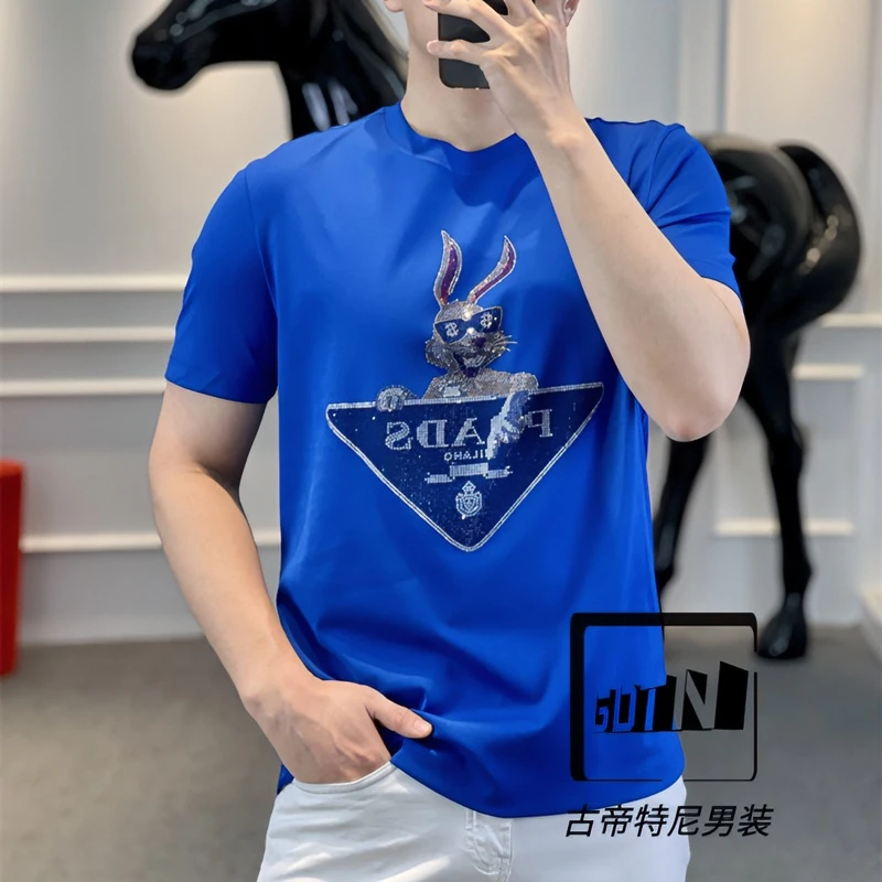 <古帝特尼>男士潮流高定欧货时尚百搭修身烫钻圆领短袖Z+5206