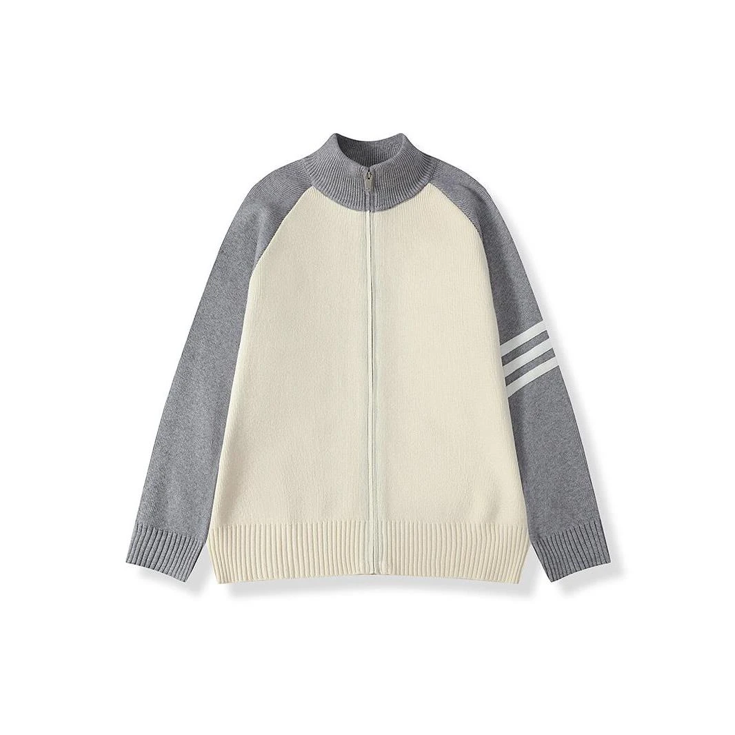 FAVMARTHA春秋季简约宽松针织夹克潮牌开衫立领男女款撞色拼接毛