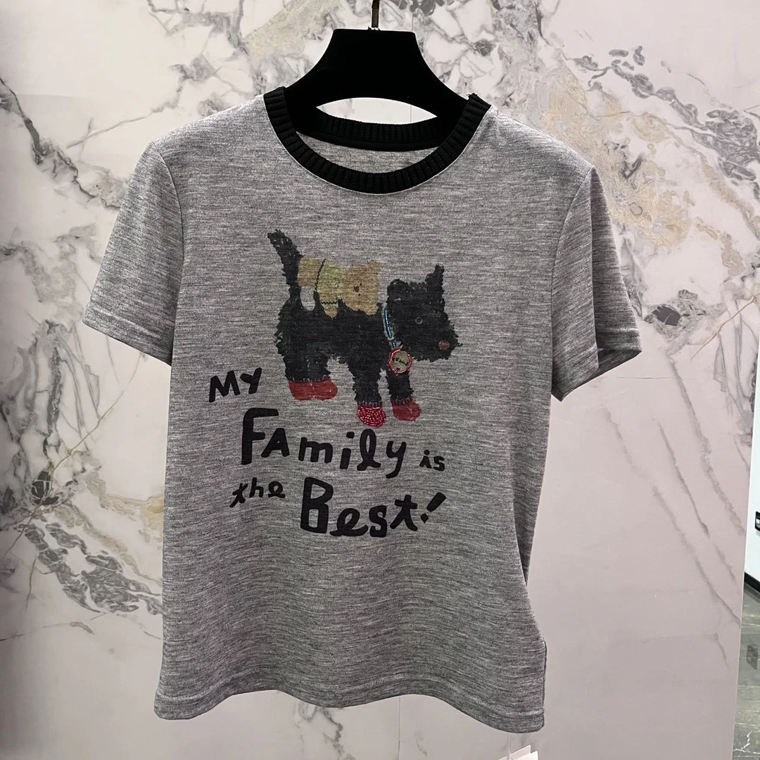 25S新款彩英同款猫咪T恤!原厂订单!时尚休闲夏季灰色印花圆领