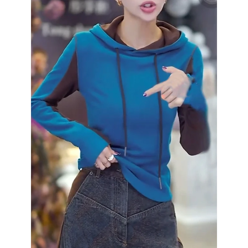 欧货洋气减龄蓝色连帽卫衣女秋冬修身保暖长袖外穿内搭打底上衣潮