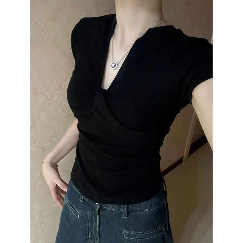 法式小众别致v领短袖t恤女夏季新款设计感修身辣妹收腰短款上衣服