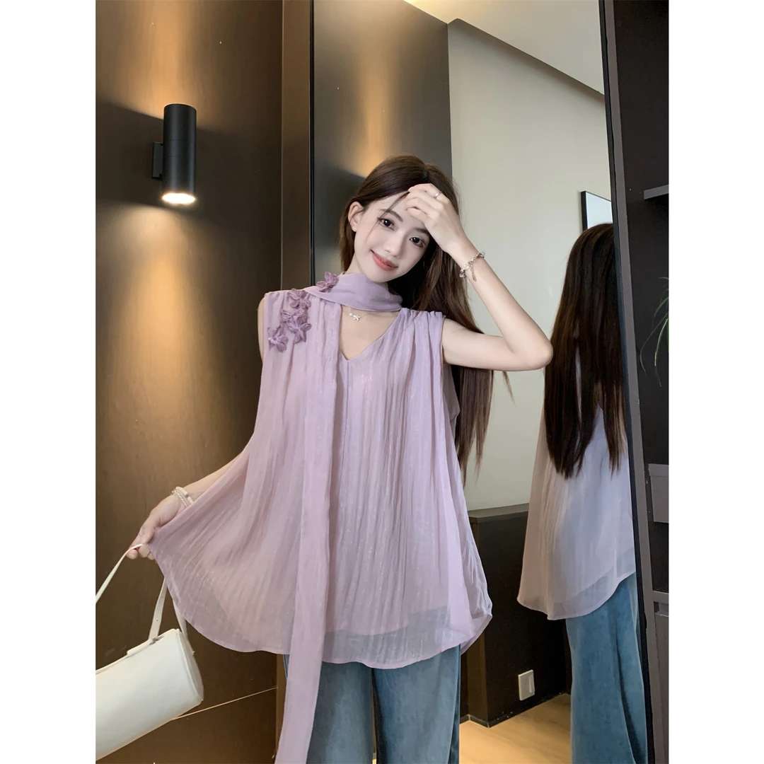 法式紫色立体花朵v领无袖挂脖衬衫女夏季设计感宽松小衫气质上衣
