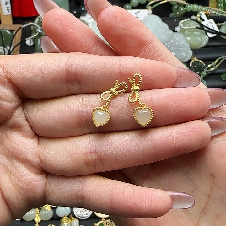 和田玉银S925镶嵌耳饰