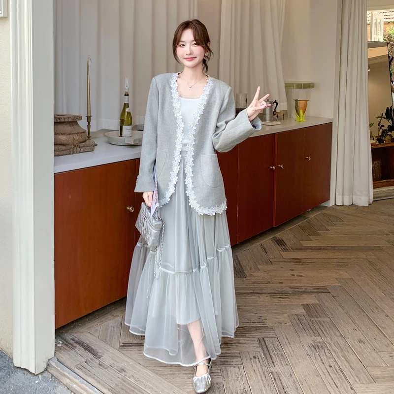 撞色花边拼接气质外套网纱半身裙两件套女2025秋季巨好看韩系套装