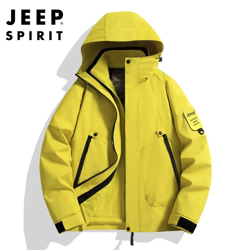 JEEPSPIRIT三合一外套男女运动户外防水防风情侣连帽可拆卸登山服
