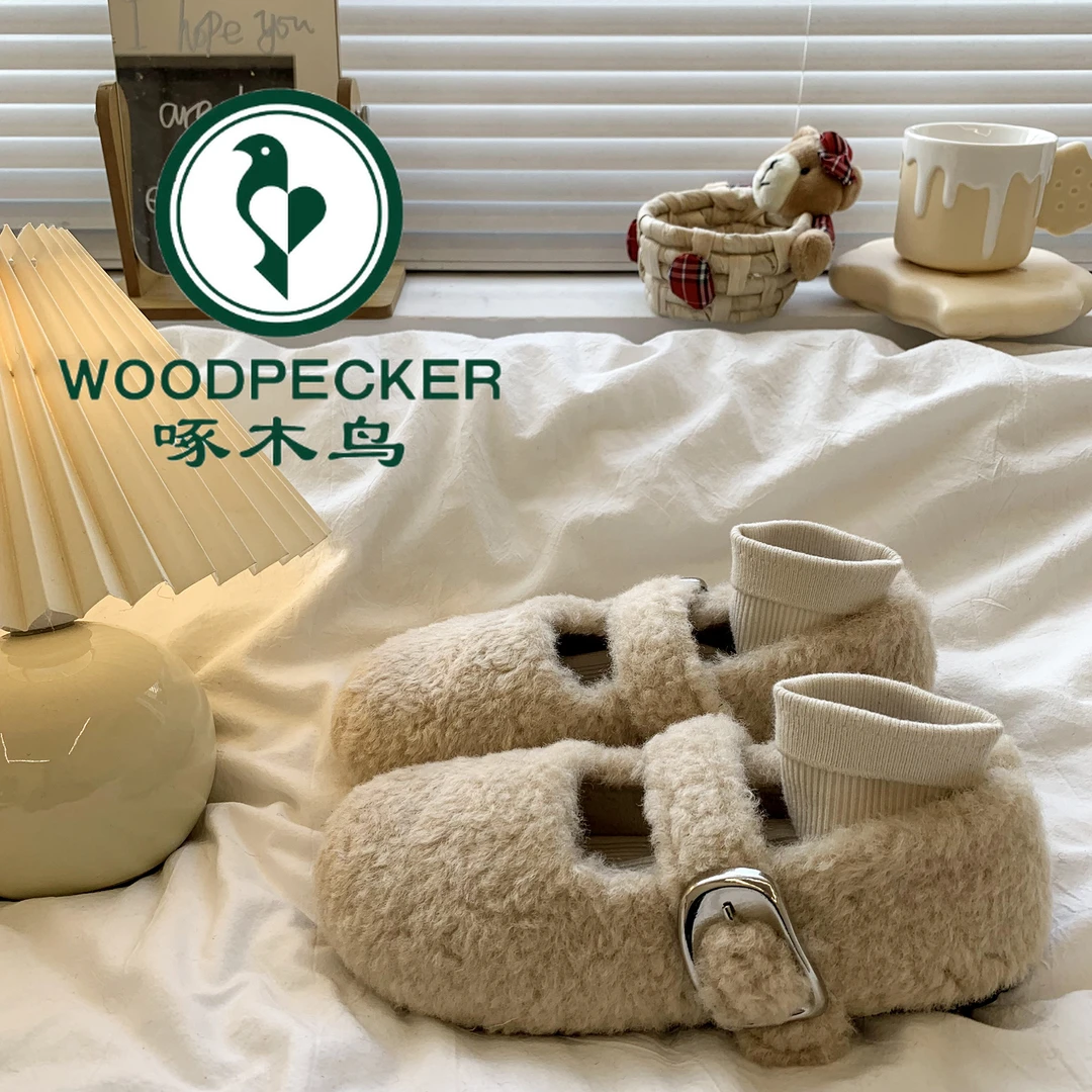 啄木鸟平底温柔舒适毛毛鞋女外穿2025秋新款仙女风加绒玛丽珍棉鞋