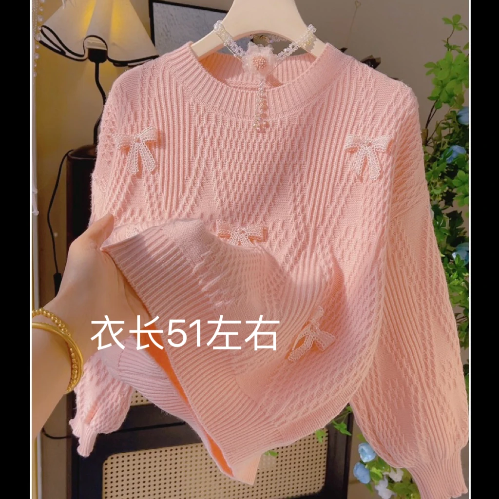 495-19五蝴蝶结灯笼袖洋气圆领套头毛衣新款百搭针织上衣