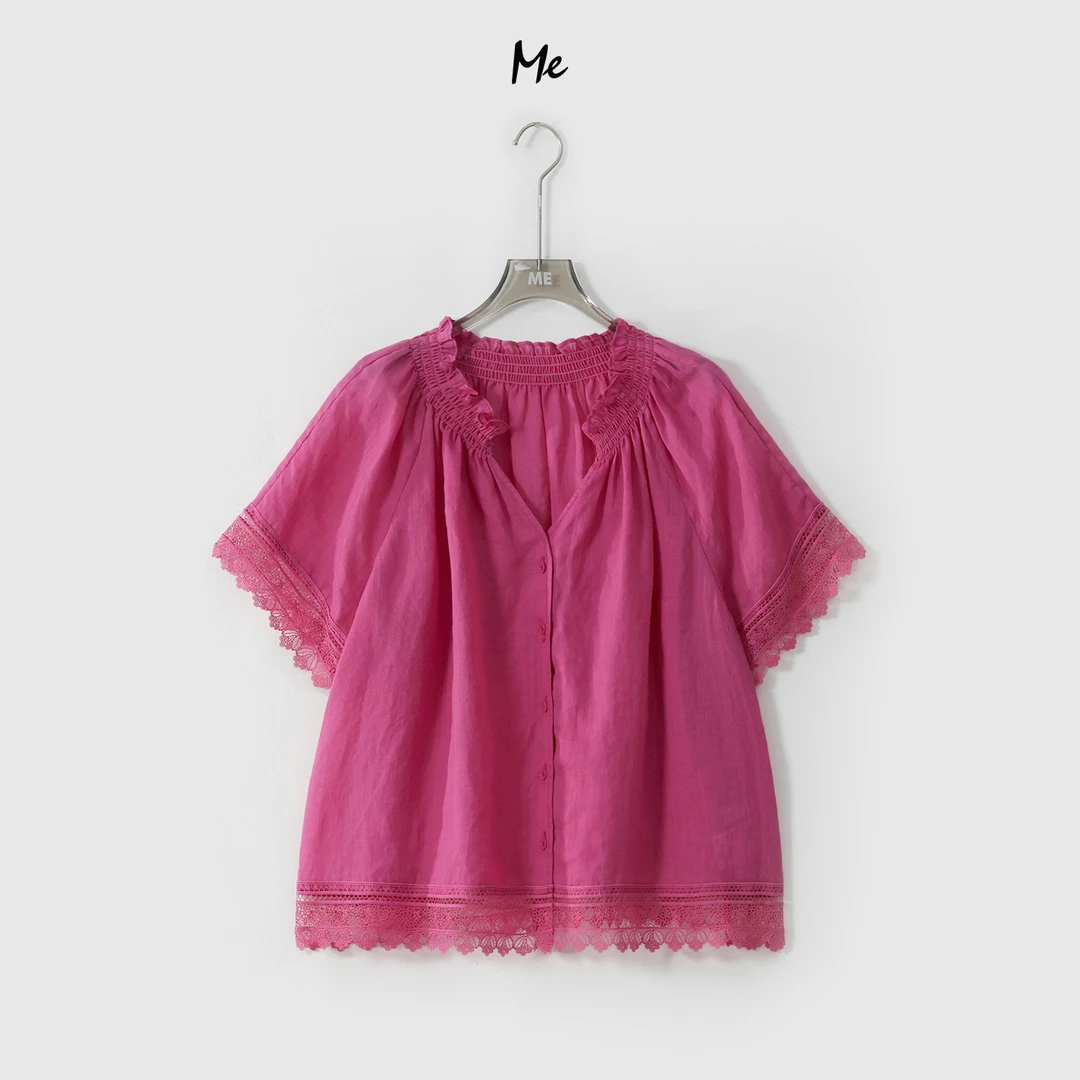ME【100%苎桃花蕾丝衫】蕾丝拼接透气显瘦舒适时尚百搭衬衫MESS6424